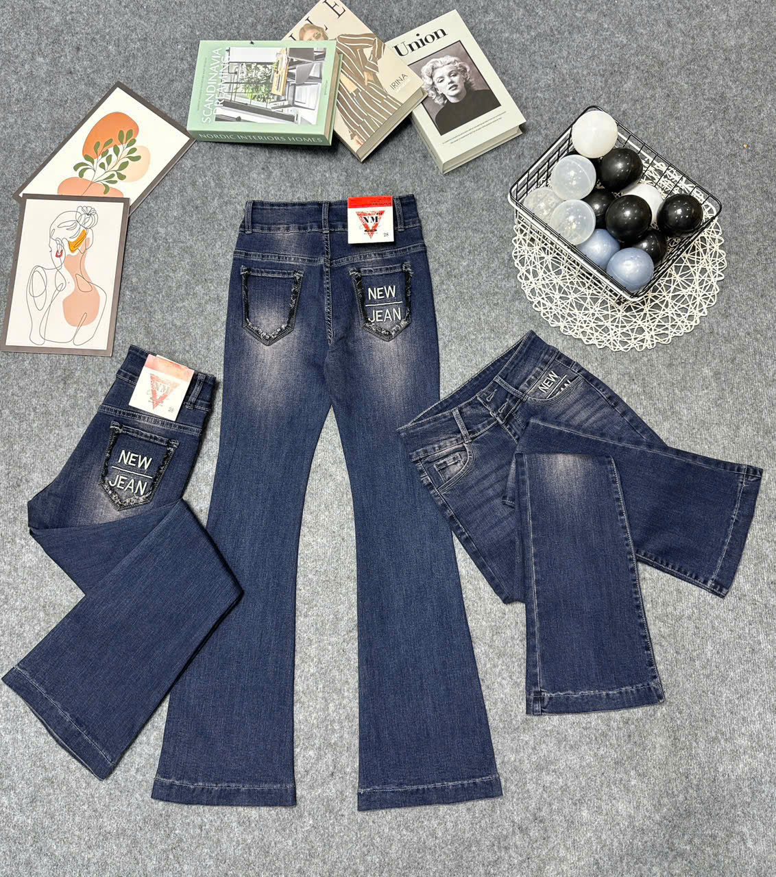 Quần jeans Nữ Lưng Cao Ống Loe Dài Lưng Cao Thêu túi Mùa Tím Co giãn