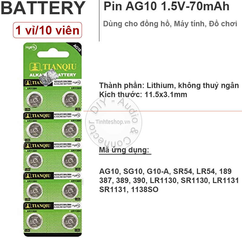 1 vỉ 10 viên - PIN nhỏ cúc áo AG10 SG10 G10-A SR54 LR54 189 387 389 390 LR1130 SR1130 LR1131 SR1131 1138SO Tianqiu không thủy ngân 1.55V không thuỷ ngân