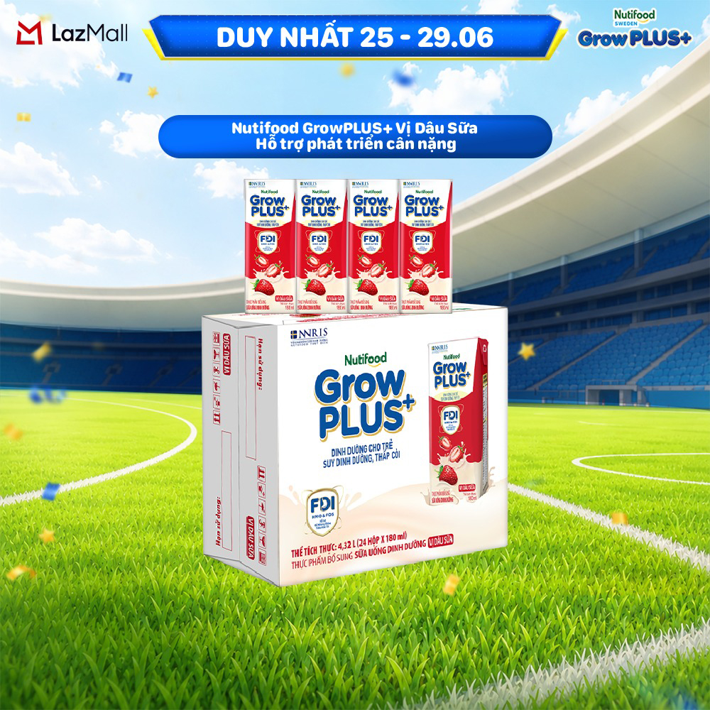 Thùng 24 hộp Sữa bột pha sẵn Nutifood GrowPLUS+ Vị Dâu Sữa hộp 180ml - Hỗ trợ phát triển cân nặng (24 hộp x 180ml)