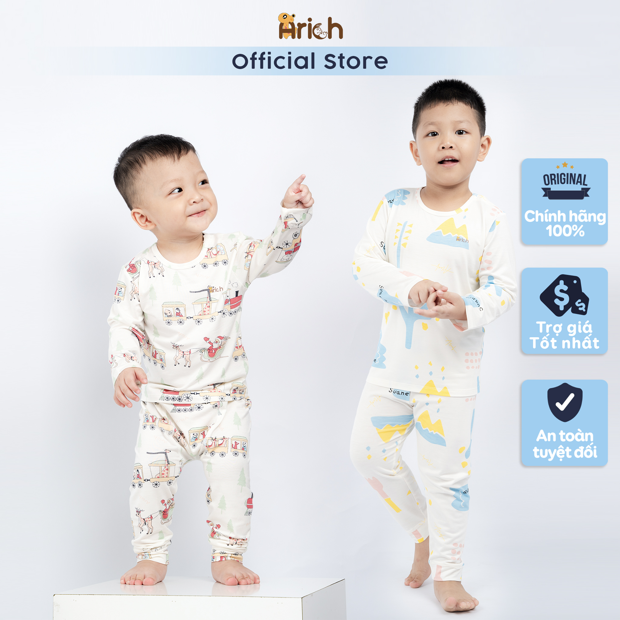 Bộ quần áo dài cài vai Arich hoạ tiết noel mới cho bé trai, bé gái từ 9 tháng đến 6 tuổi