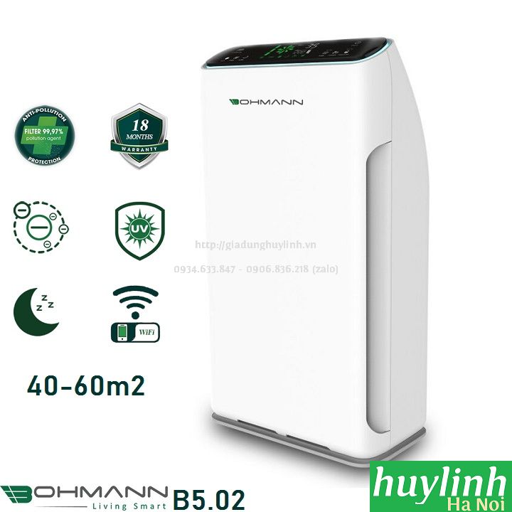 Máy lọc không khí bohmann b5.02 - 60m2 - điều khiển wifi - diệt khuẩn uv