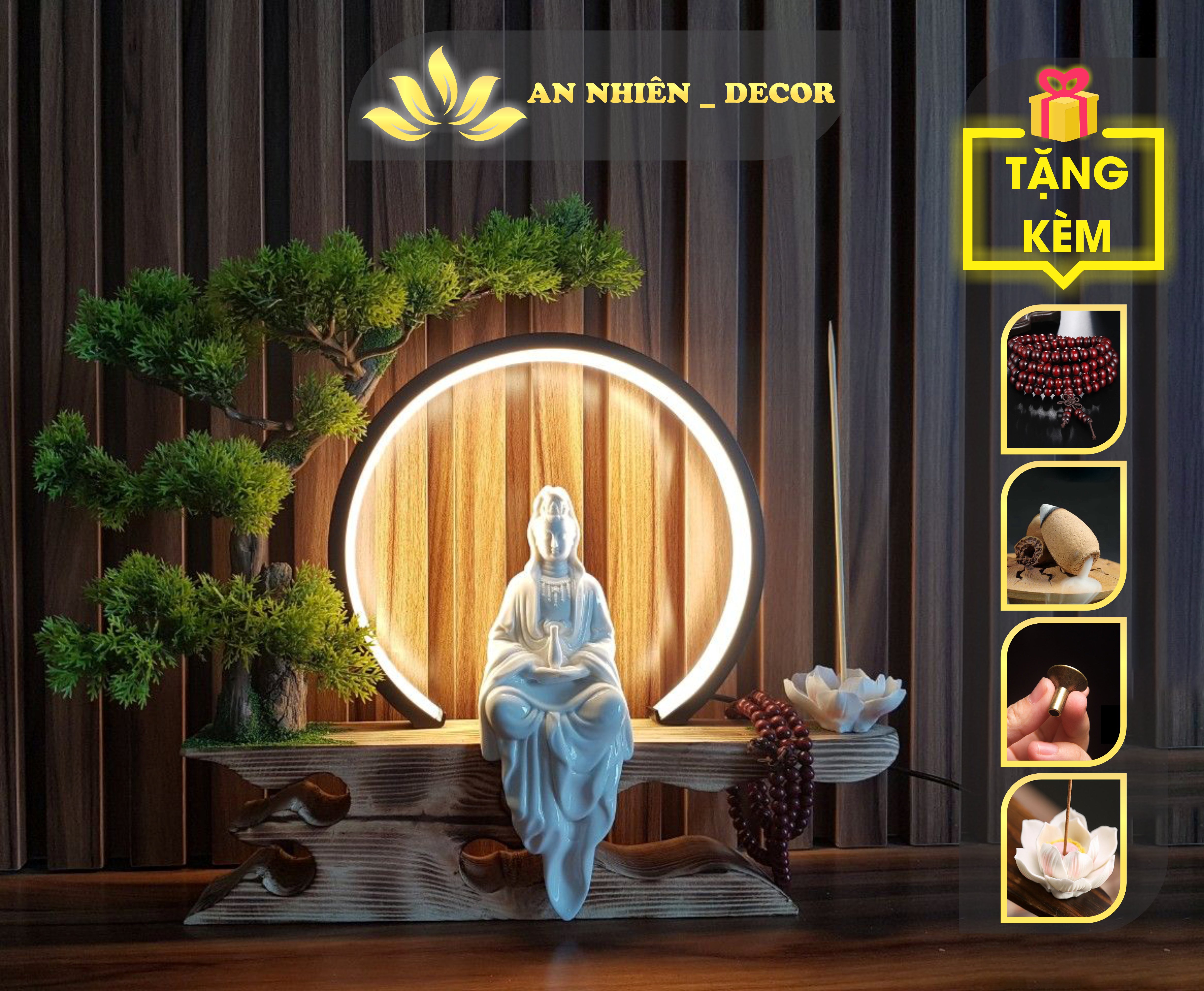 Tượng Phật gốm sứ và Đèn Led vòng kệ cây trang trí phong khách, bàn trà (Tặng kèm 5 phụ kiện) - GIÁ SỐC