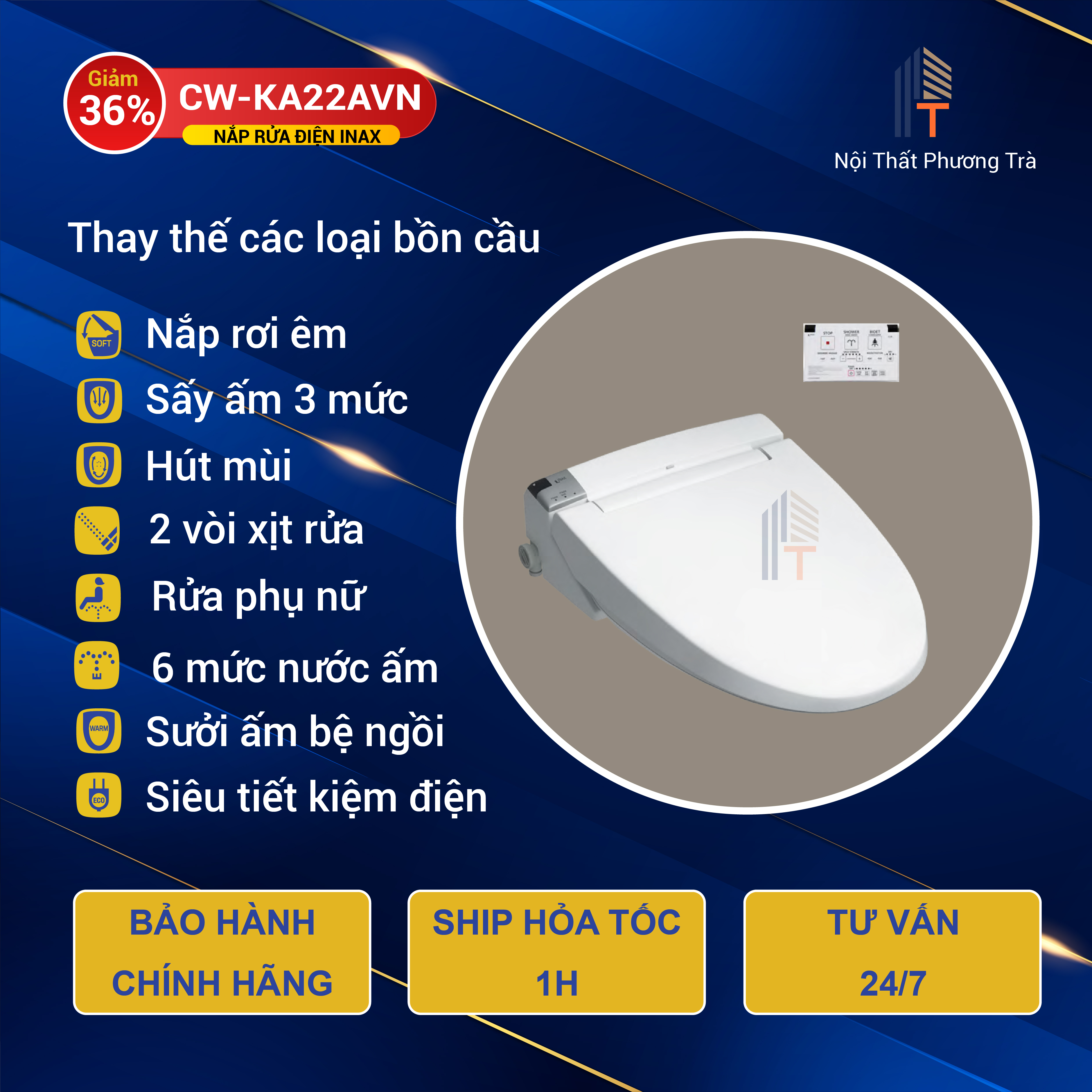 Nắp rửa điện tử Inax CW-KA22AVN, Nắp bồn cầu thông minh có sưởi ấm, nước nóng, điều khiển rời - chính hãng - Cốm Store