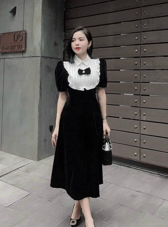 Đầm nữ cổ sơ mi phối bèo dập ly xèo dài kèm nơ HARI