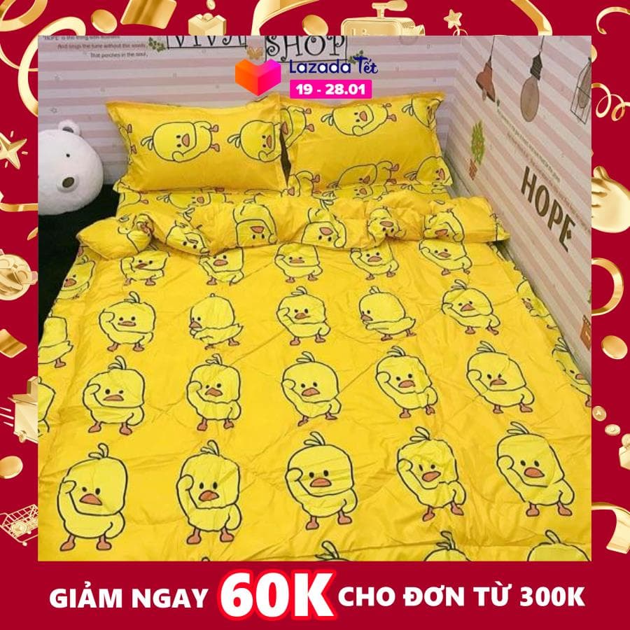 Set 5 Món Chăn Ga Gối Cotton - Đủ Size - (Tặng Kèm Áo Gối Ôm) Mẫu Vịt vàng
