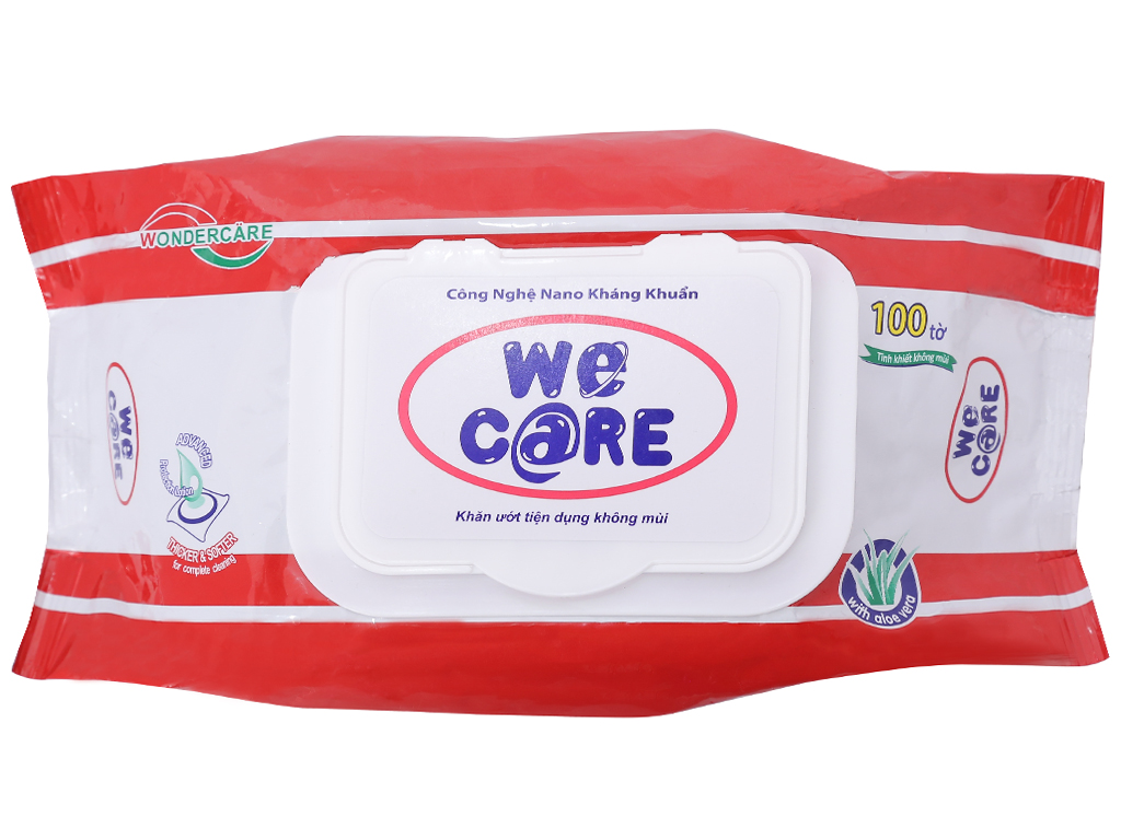 Khăn ướt Wecare 100 tờ Không mùi, kháng khuẩn, tinh chất lô hội dưỡng da