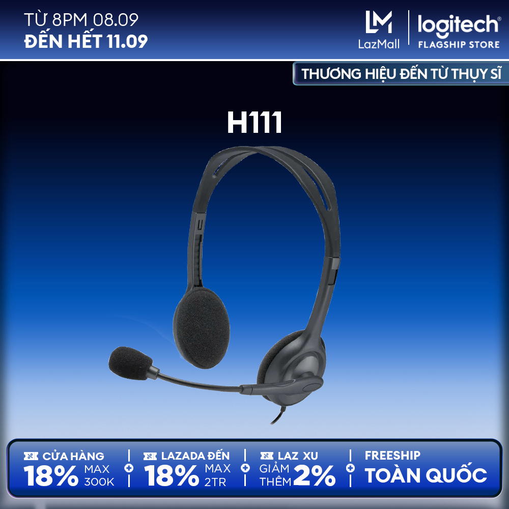 Tai nghe chụp tai Logitech H111 - 1 jack 3.5mm, Mic khử giảm tiếng ồn, trọng lượng nhẹ, âm thanh nổi