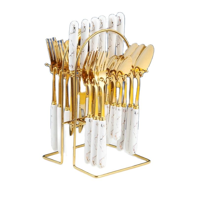 Bộ 24 dao thìa nĩa cán sứ inox 304 mạ vàng kèm giá treo, phong cách châu âu sang trọng cao cấp
