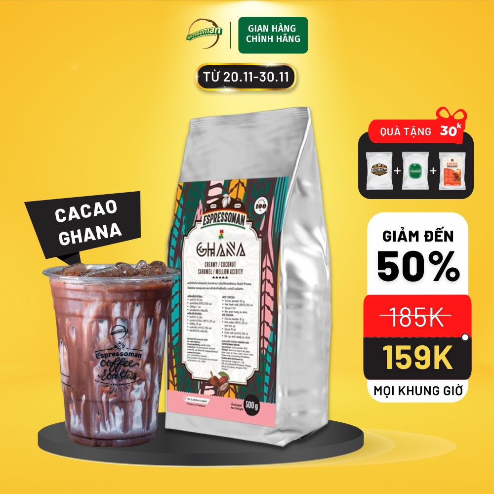 [CHÍNH HÃNG] Cacao Ghana Pure - Bột Cacao Ghana Nguyên Chất 100% - Nguyên Liệu Pha Chế - Làm Bánh - Kem - Tương Socola