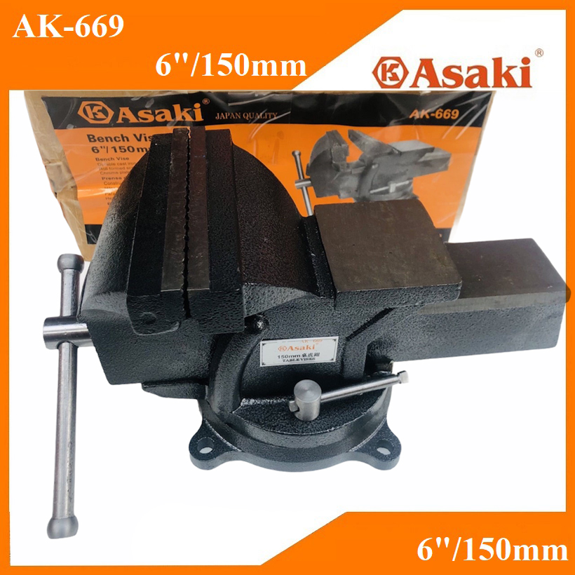 Ê tô bàn nguội asaki ak-669 - ê tô mâm xoay linh hoạt 360 độ, quai kẹp rộng 150mm/6 inch