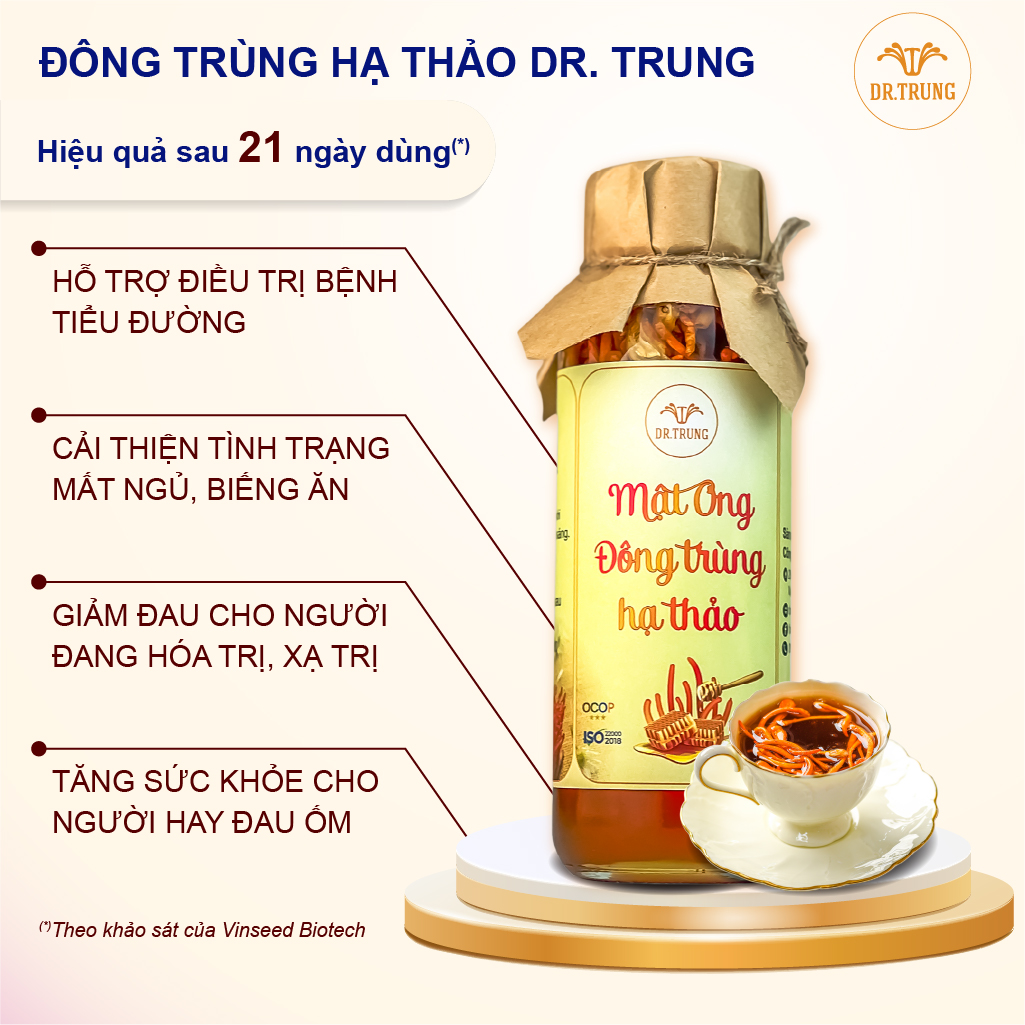 Dr. Trung - Mật ong sợi Đông trùng hạ thảo 300ml. Mật ong hoa cà phê nguyên chất, nấm đông trùng chuẩn dược liệu.