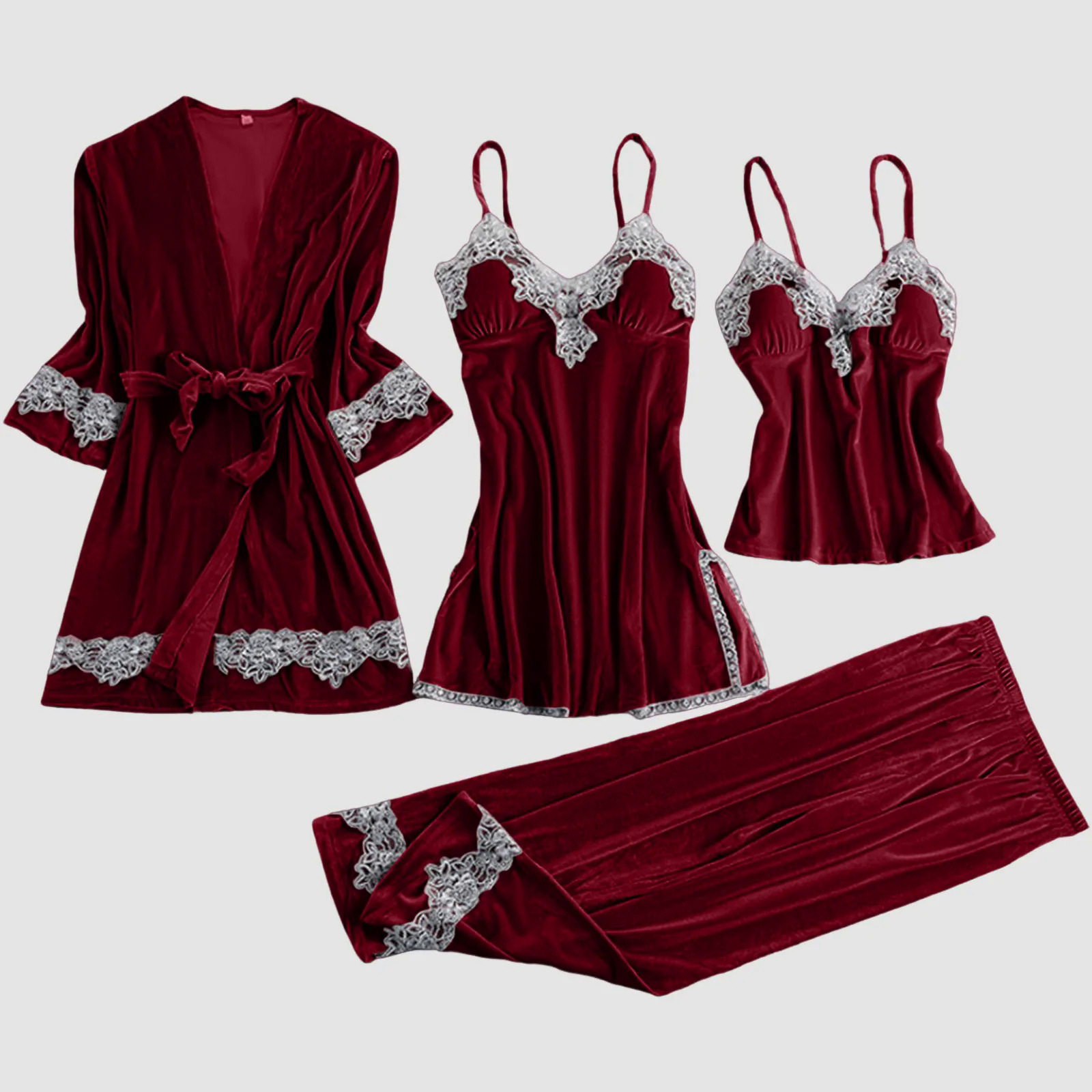 Phụ Nữ Sexy Ren Đồ Ngủ Vàng Màu Đỏ Mềm Mại Thoải Mái Nhung Pajama Set Sexy Nhà Pajama Set 4 Mảnh Kỳ Nghỉ Đồ Ngủ Cho Phụ Nữ