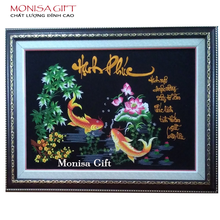 Tranh Treo Tường Tranh Thêu Thành Phẩm Tranh  Thêu Cá Chữ Hạnh Phúc Monisa Gift (chưa khung)