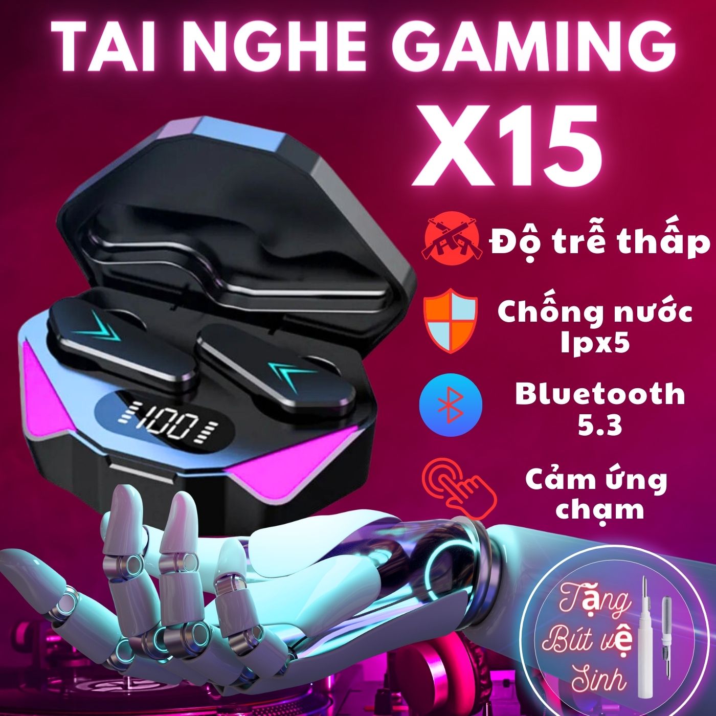 Tai Nghe Gaming X15 TWS Bluetooth 5.3 Âm Thanh HIFI Nổi Không Dây Chân Thật phù hợp với mọi loại Game Tương Thích Với Mọi Hệ Điều Hành Tặng miễ phí bút vệ sinh tai nghe .