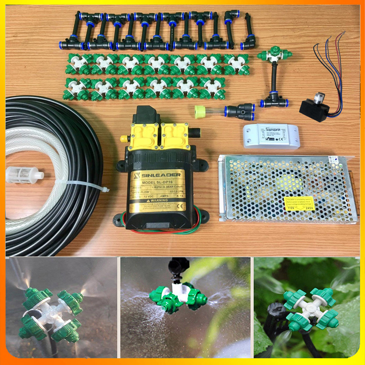 Máy bơm đôi tưới phun sương béc 4 hướng cho giàn lan, hoa, cây cảnh điều khiển wifi tự động điều khiển từ xa