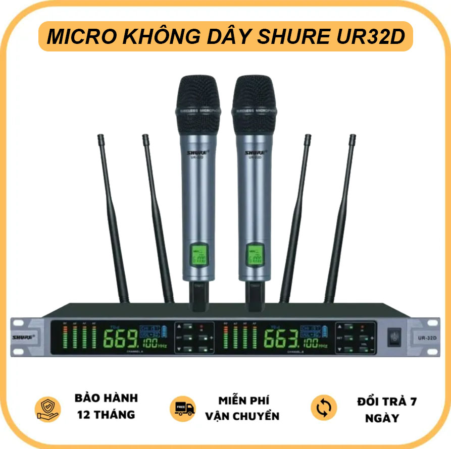 [ HÀNG NHẬP KHẨU CAO CẤP ] Micro Không Dây Shure UR32D 4 Râu Sóng Khỏe Chống Hú Tối Ưu Tiếng Sáng Há