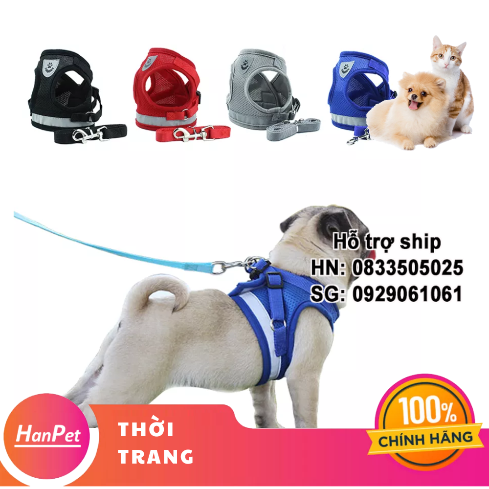 Hanpet - Bộ dây dắt chó kèm đai áo ngực (Size XL từ 7-15kg) Màu ngẫu nhiên dây dắt chó mèo kèm áo vest