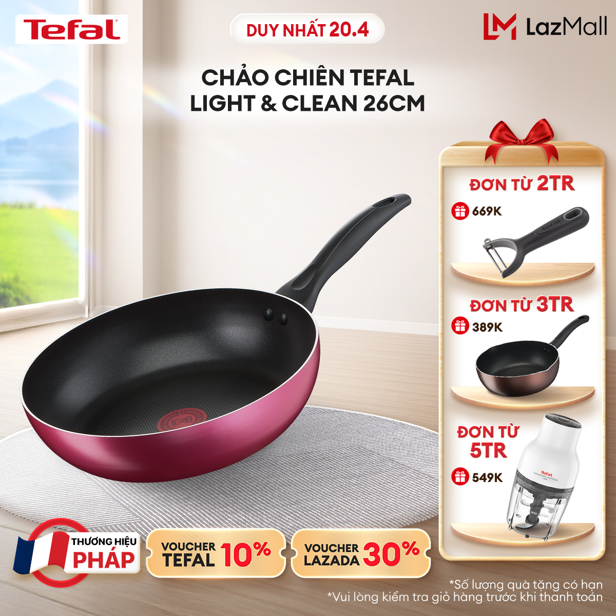 [NHẬP MÃ TEFALOFF30T4 GIẢM 30%] Chảo chiên Tefal Light & Clean 26cm