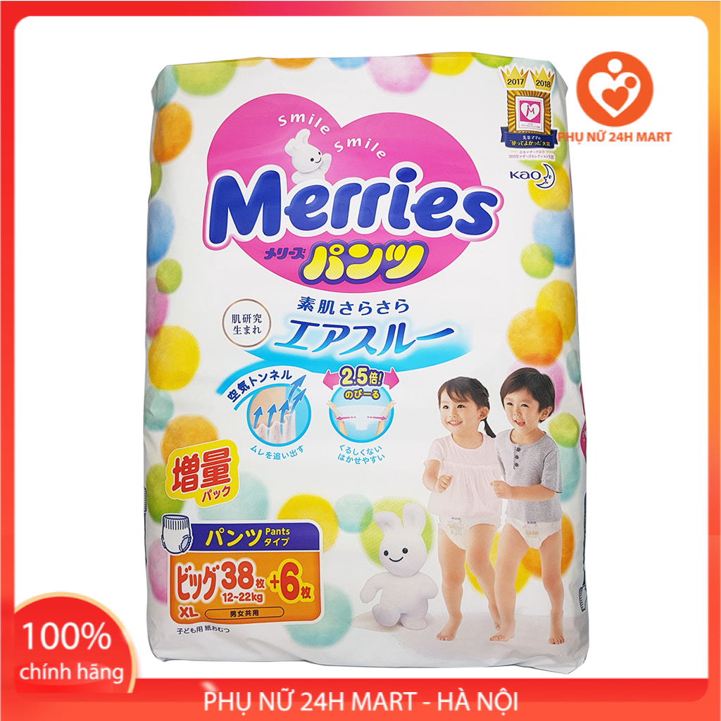 Tã quần bỉm merries size xl 38+6 miếng cho bé từ 12-22kg nội địa nhật bản, bỉm merries cộng miếng, bỉm quần size xl, bỉm mỏng thấm hút tốt, bỉm nhật