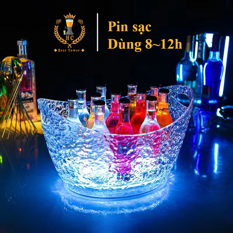 Xô đá ướp lạnh HC Oval Đèn led 11 chế độ màu lựa chọn Pin sạc Nhựa Acrylic ướp lạnh rượu bia cho bar KTV karaoke party