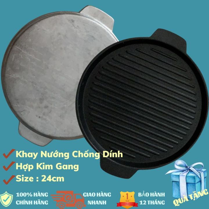 [Dùng được bếp từ] Chảo gang nướng thịt chống dính cao cấp 24cm dùng cho mọi loại bếp,