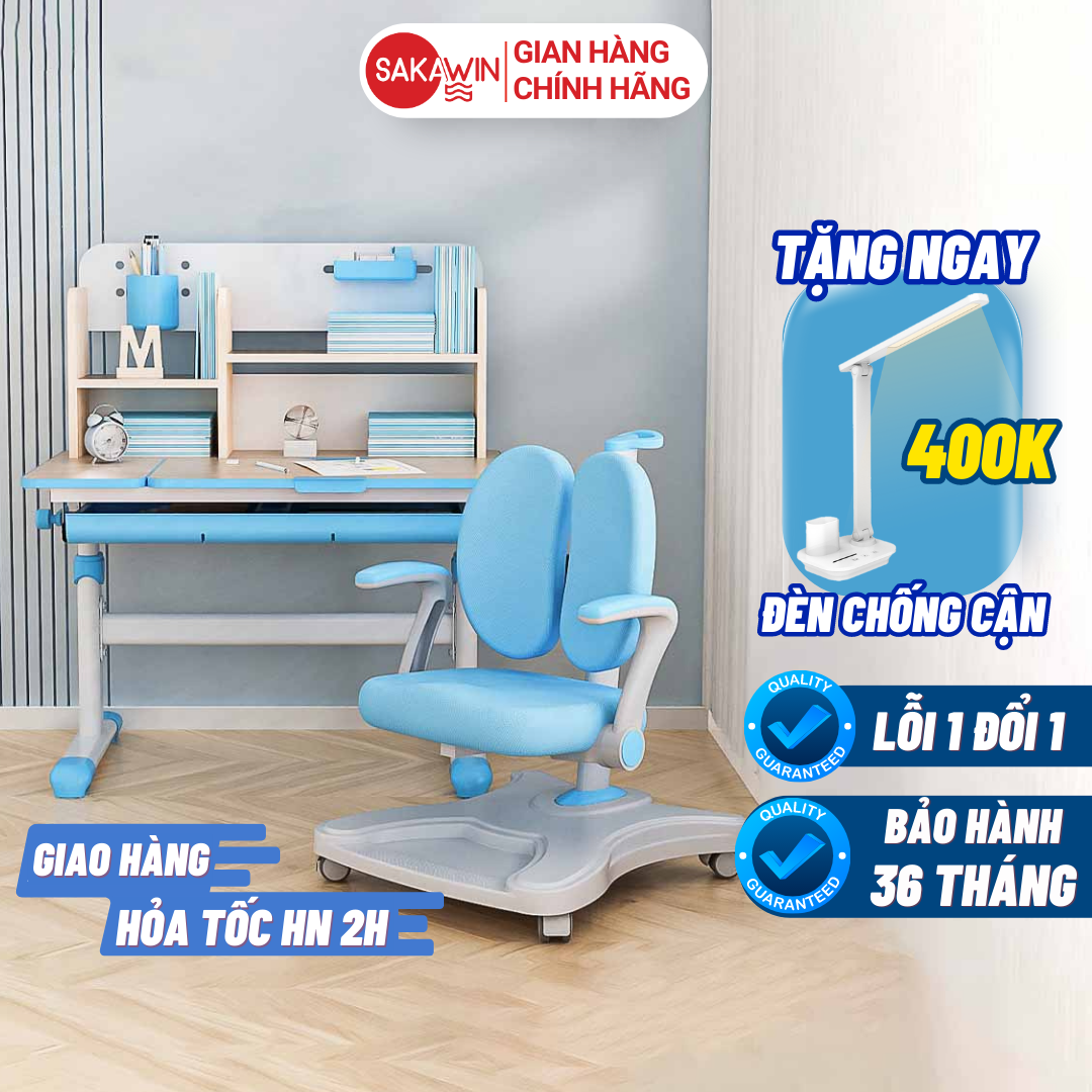 Bộ bàn học cho bé S80 và Ghế G90, Bàn học sinh có giá sách Nâng hạ độ cao bằng tay quay, Ngồi chuẩn tư thế học