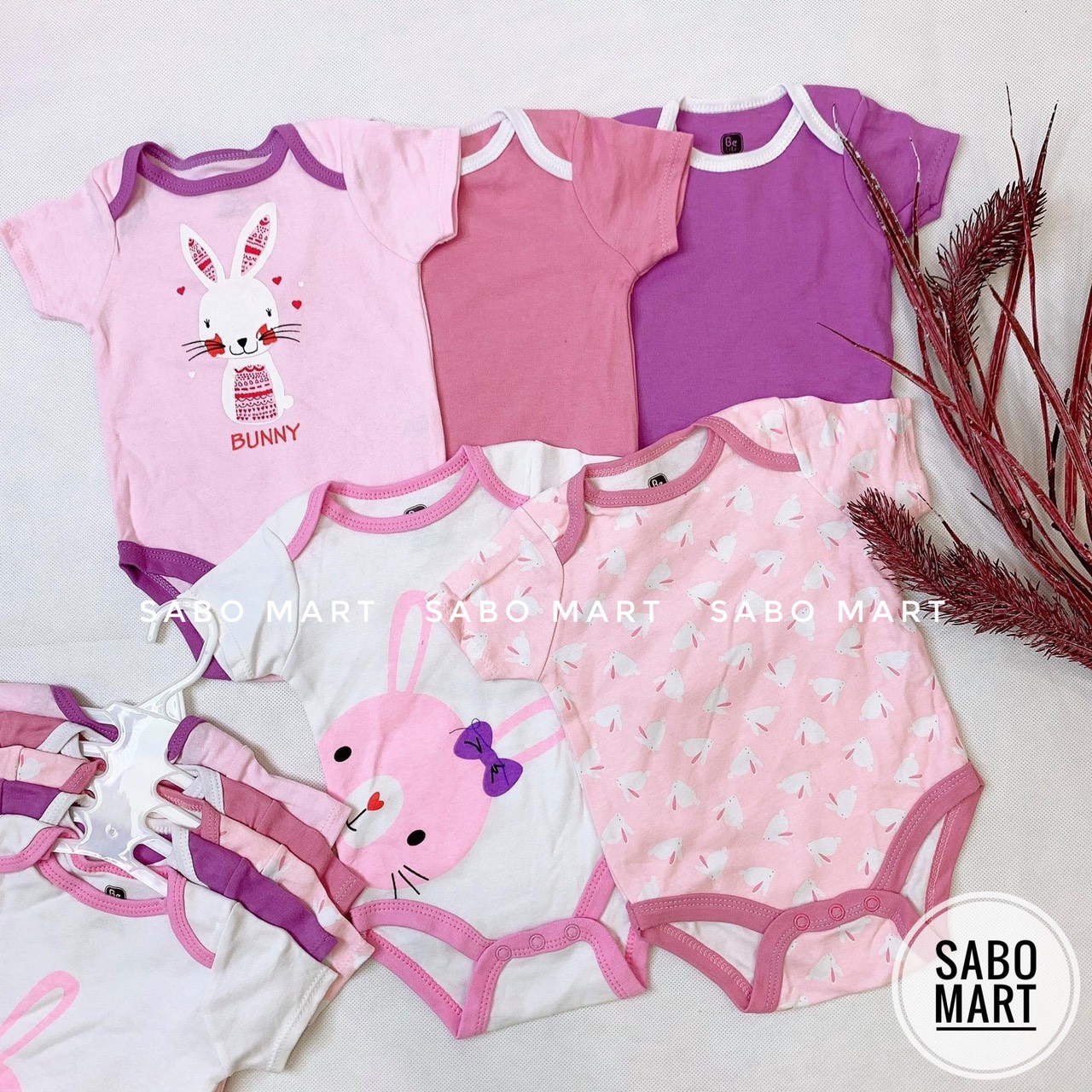 Set 5 body cộc tay thỏ hồng cho bé gái hàng xuất mỹ - sabomart