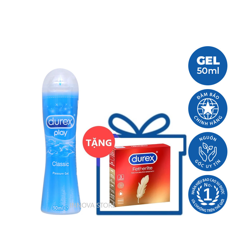 Freeship Bộ 1 chai gel bôi trơn Durexplay classic 50ml tặng 1 hộp bao cao su Fetherlite 3 cái