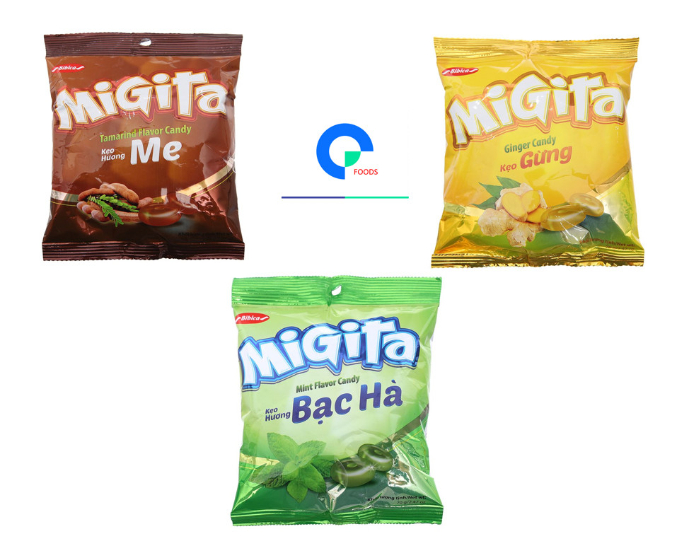 Kẹo gừng, me, bạc hà - migita - bibica - gói 70g