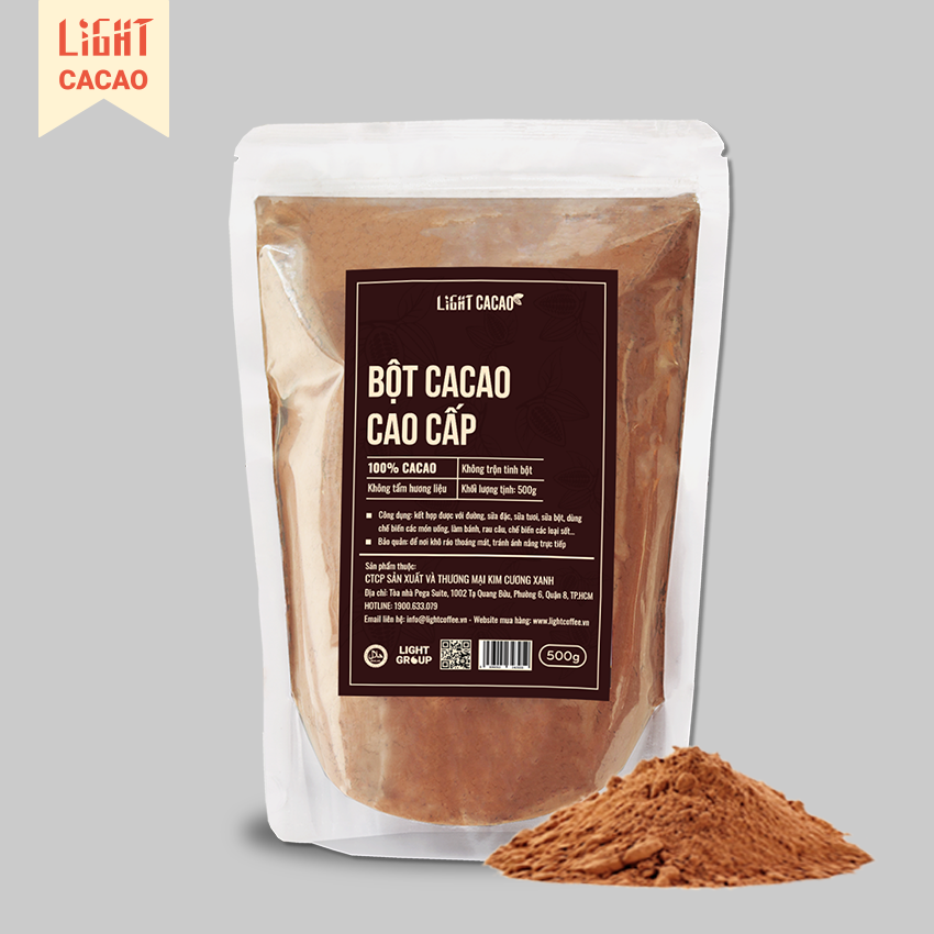 Bột cacao Thượng hạng cao cấp nguyên chất không đường Light Cacao - Gói 500g Cacao Premium