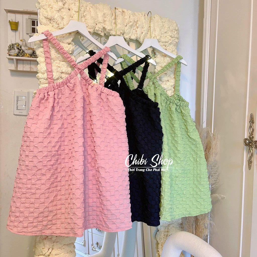 Đầm babydoll đũi xốp, Đầm tiểu thư baby 2 dây đan chéo dễ thương xinh xắn