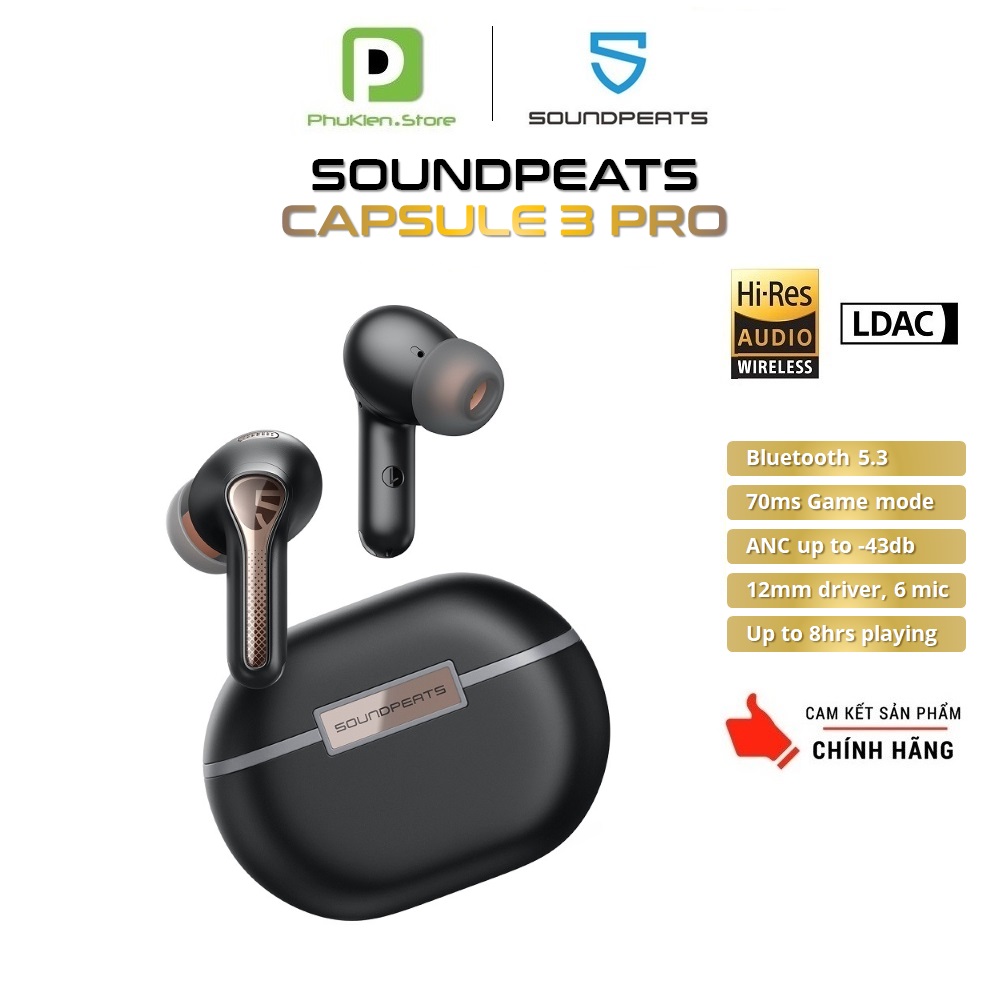 Tai Nghe Bluetooth 5.3 Chính Hãng Soundpeats Capsule 3 Pro ✔️ Game Mode 70ms ✔️ Hi Res Audio LDAC ✔️ Pin 52h ✔️ Hỗ trợ app ✔️ Chống ồn chủ động, xuyên âm