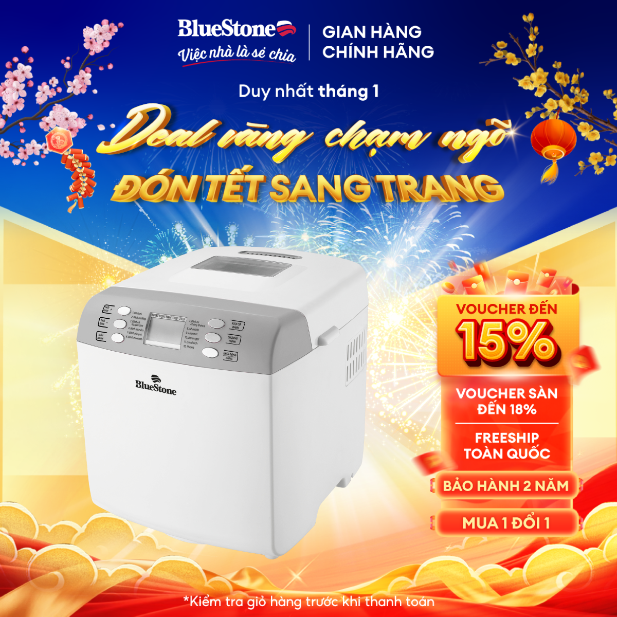 Máy Làm Bánh Mì Tự Động BlueStone BMB-2421 (2 lít) -  Công suất 550W - 12 chức năng - Bảng điều khiển Tiếng Việt - Màn hình LCD - Bảo hành 2 năm- Hàng chính hãng