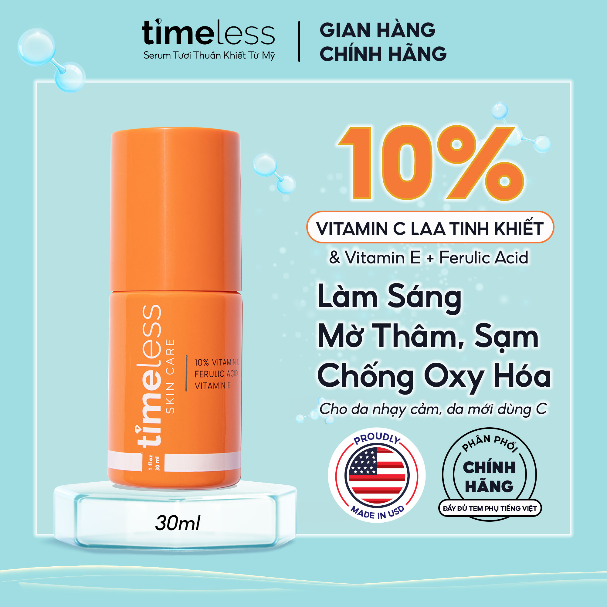 Serum Dưỡng Trắng Da Giảm Thâm Cho Da Nhạy Cảm Timeless 10% Vitamin C + E + Ferulic Acid 30ml