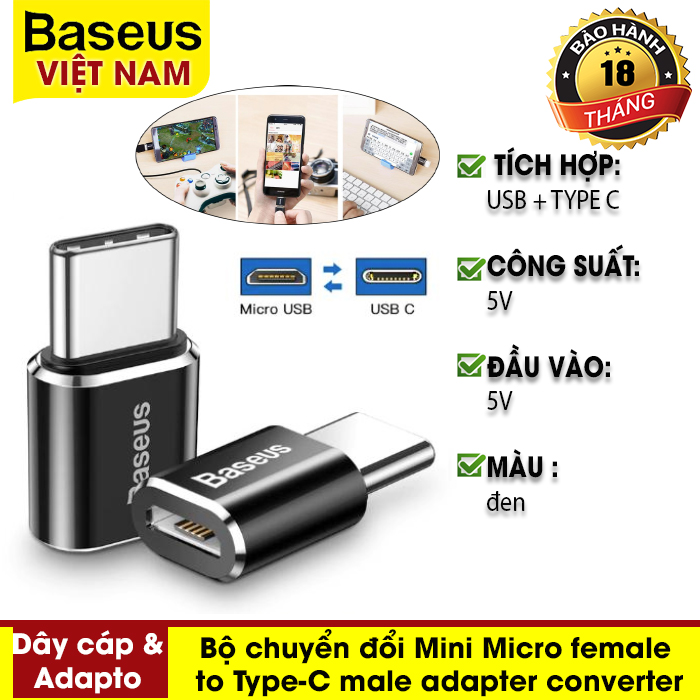 Bộ chuyển đổi Baseus Mini Micro female to Type-C male adapter converter cho Xiao Mi Mi 9 T onePlus 7 Huawei Mate 20 P30 Pro - Thương hiệu Baseus - Phân phối bởi Baseus Vietnam