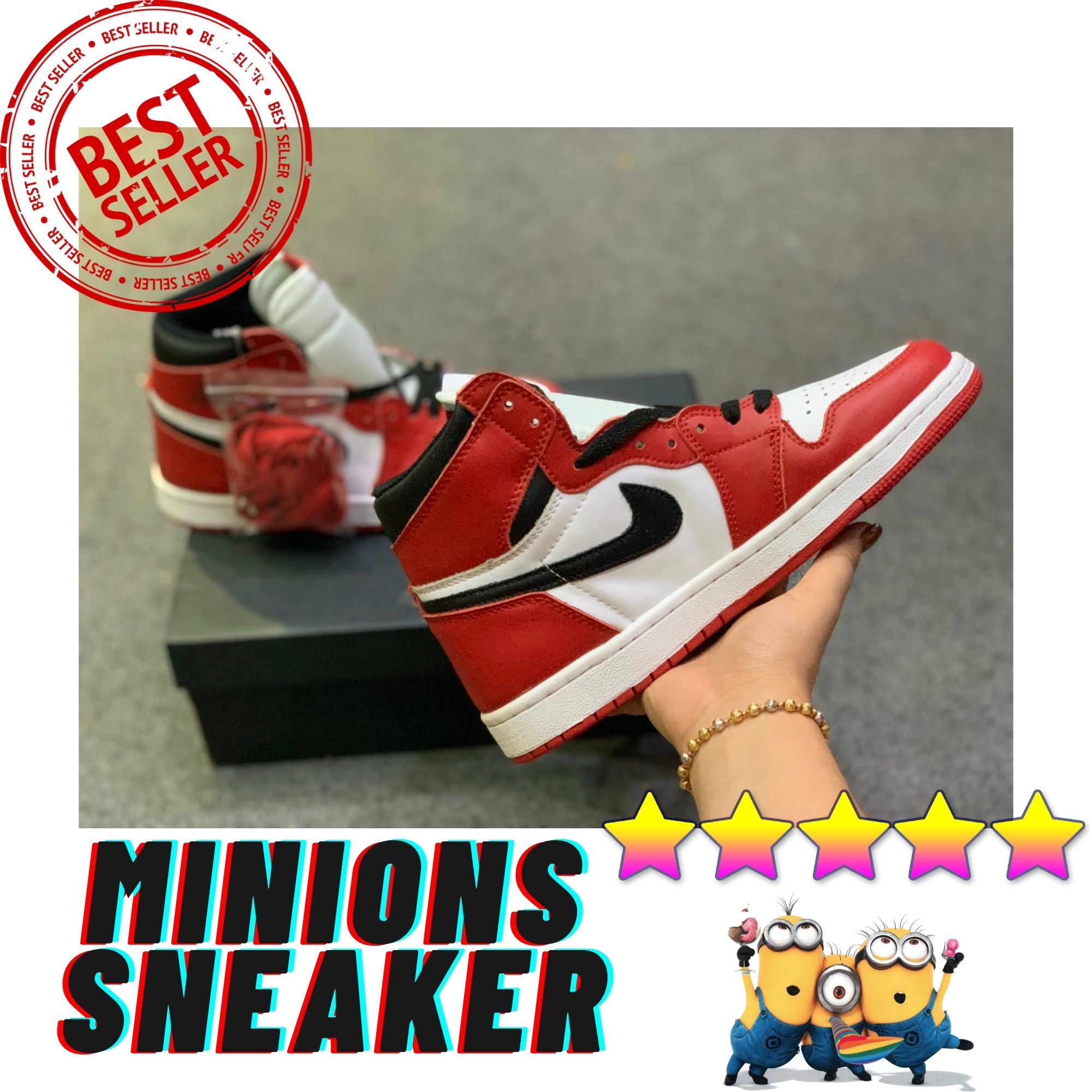Giày sneaker bóng rổ njd1 da 1x1 cổ cao classic đỏ trắng - nam nữ
