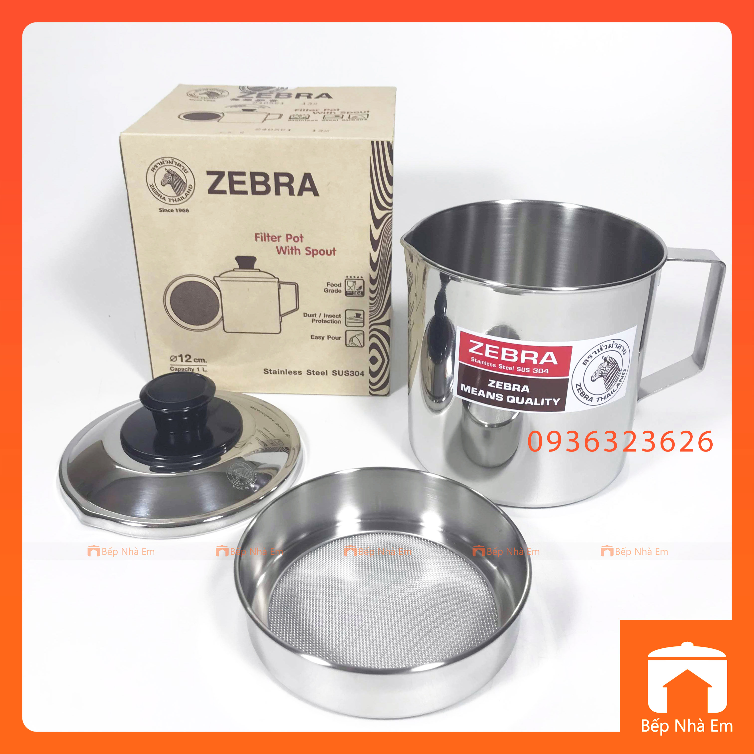 Ca Nước ZEBRA Có Nắp và Vỉ Lược Dung Tích 1L  (Inox 304) - 151101 - Hàng Nhập Khẩu Thái Lan