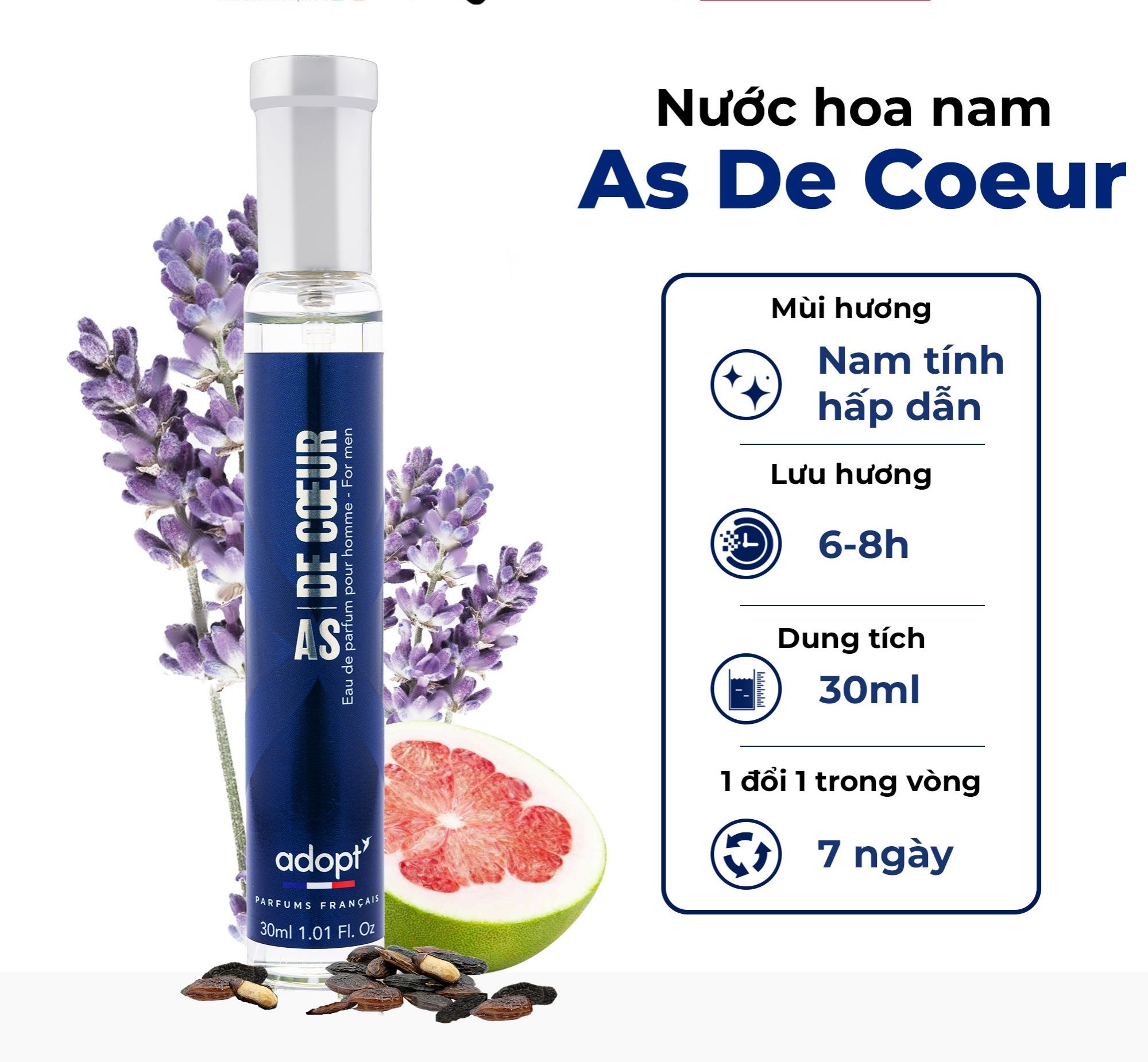 Nước hoa nam chính hãng thơm lâu cao cấp của Pháp Adopt As De Coeur 30ml lưu hương giữ mùi đến 8h
