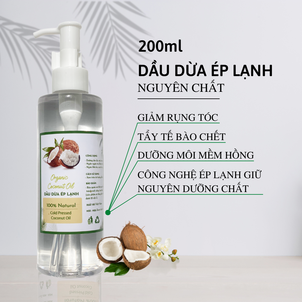 Dầu dừa ép lạnh Bến Tre giúp dưỡng tóc, dưỡng mi, massage và chăm sóc da hiệu quả