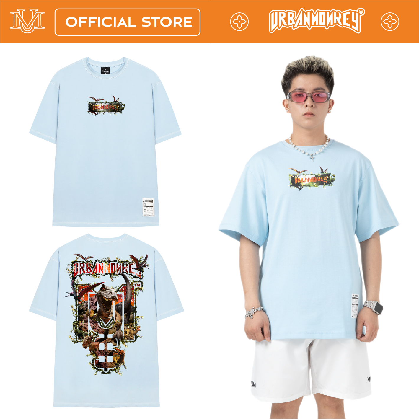 Áo thun urban monkey jurassic xanh dương thun cotton cao cấp