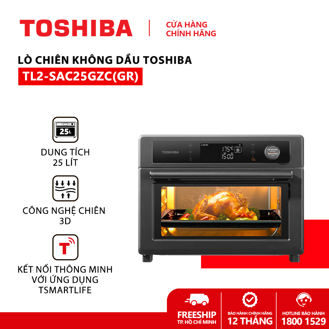 Lò chiên không dầu Toshiba 25 lít TL2-SAC25GZC(GR) - Kết hợp chức năng nướng, Công nghệ chiên 3D, Điều khiển cảm ứng, Kết nối thông minh với điện thoại. Hàng chính hãng, bảo hành 12 tháng, chất lượng Nhật Bản
