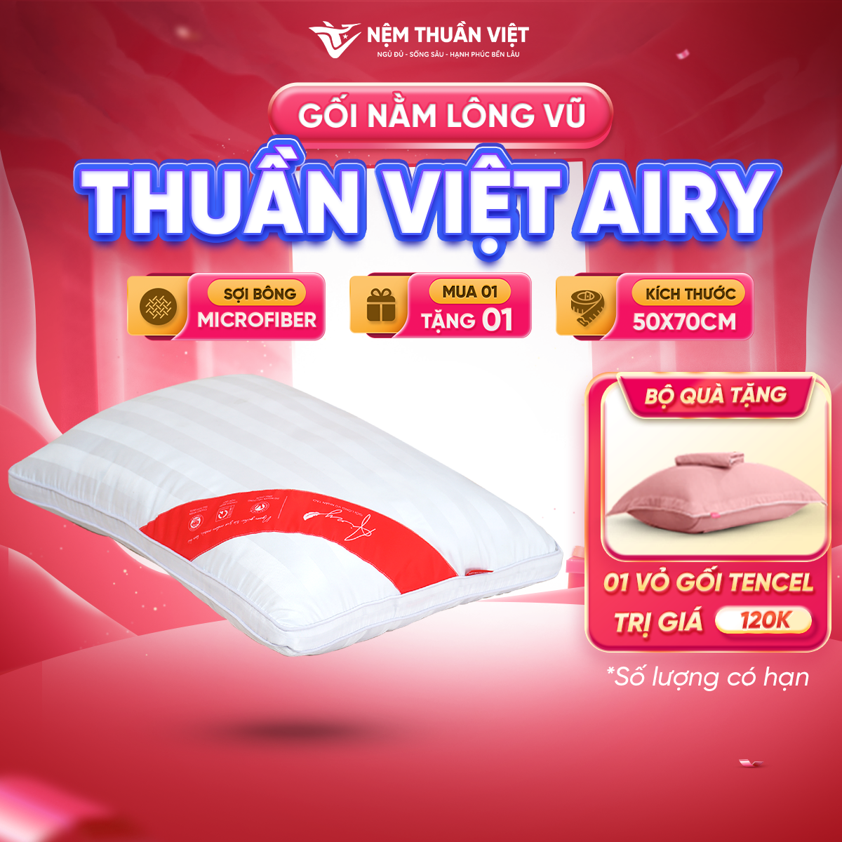 Ruột Gối Nằm Lông Vũ Airy Thuần Việt - Sợi Lông Vũ Nhân Tạo Microfiber Êm Ái Chuẩn Khách Sạn 5 Sao