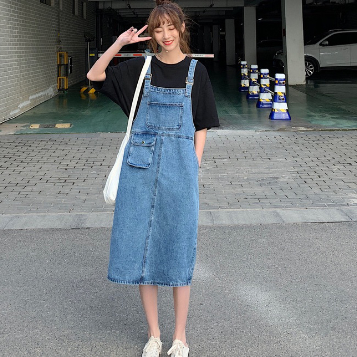 [HCM]Váy yếm jean dài đầm yếm jean dài túi to VYD05 C021