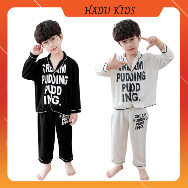 Pijama cho bé, bộ pijama cho bé trai, bé gái dài tay in chữ chất lụa cao cấp - HADU KIDS 7-28kg
