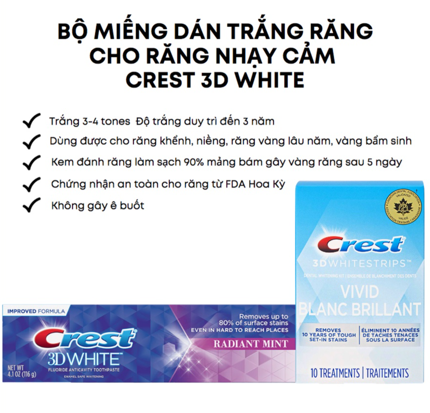 Miếng dán trắng răng Crest 3D White Vivid Blanc - Combo làm trắng nhanh - Răng nhạy cảm