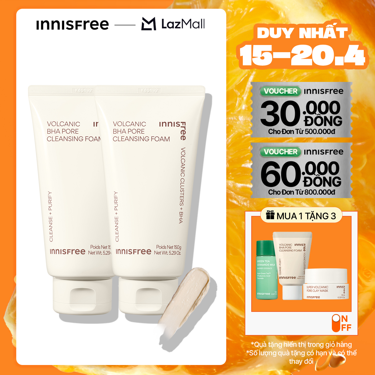 Bộ 2 Sữa rửa mặt se khít lỗ chân lông INNISFREE Volcanic Pore BHA Cleansing Foam 150g*2