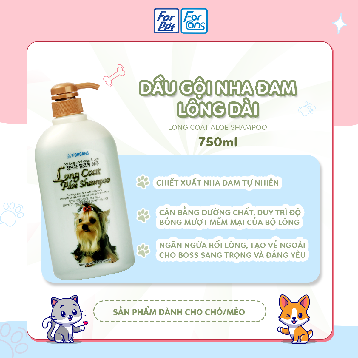 Dầu gội cho thú cưng lông dài chiết xuất nha đam Forcans 750ml
