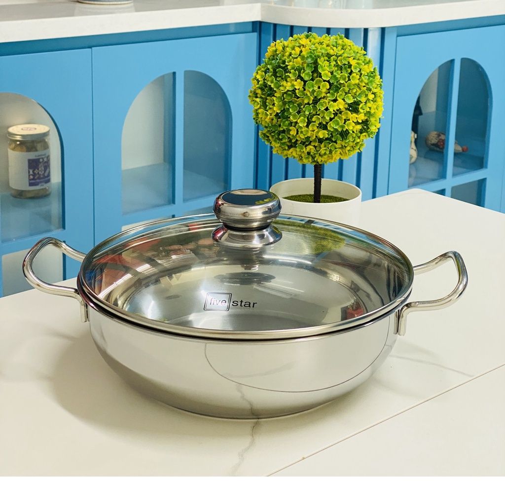 Nồi lẩu um xào 3 đáy sandwich inox 304 Fivestar Standard bếp từ nắp kính 20cm - 26cm - Bảo hành 5 nă