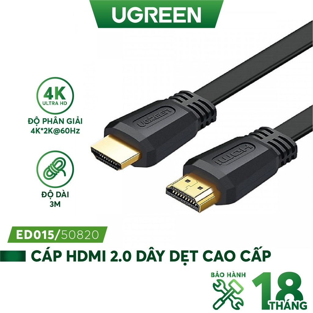 ஐஐ♗  Cáp HDMI 2.0 hỗ trợ 4kx2k 3D Full HD1080 dạng dây dẹt màu đen dài từ 1.5-5m UGREEN ED015 - Hàng phân phối chính hãng