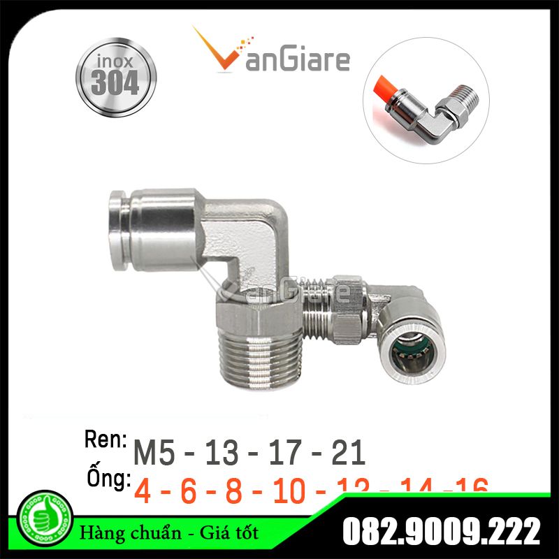 Cút nối góc PL inox, co nối góc PL inox, đầu nối nhanh khí nén inox cho ống hơi 4mm 6mm 8mm 10mm 12mm 14mm 16mm